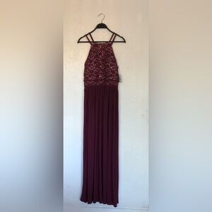 Lace Bodice Burgundy Maxi Dress with Double Straps - Women
